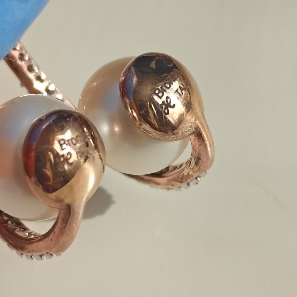Honora Italy Rose Gold Bronze Real Pearl Crystal Pave Open Hoop Earrings - Picture 7 of 7